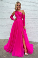 Hot Pink Detachable Long Sleeves A-Line Tulle Long Prom Dress with Lace