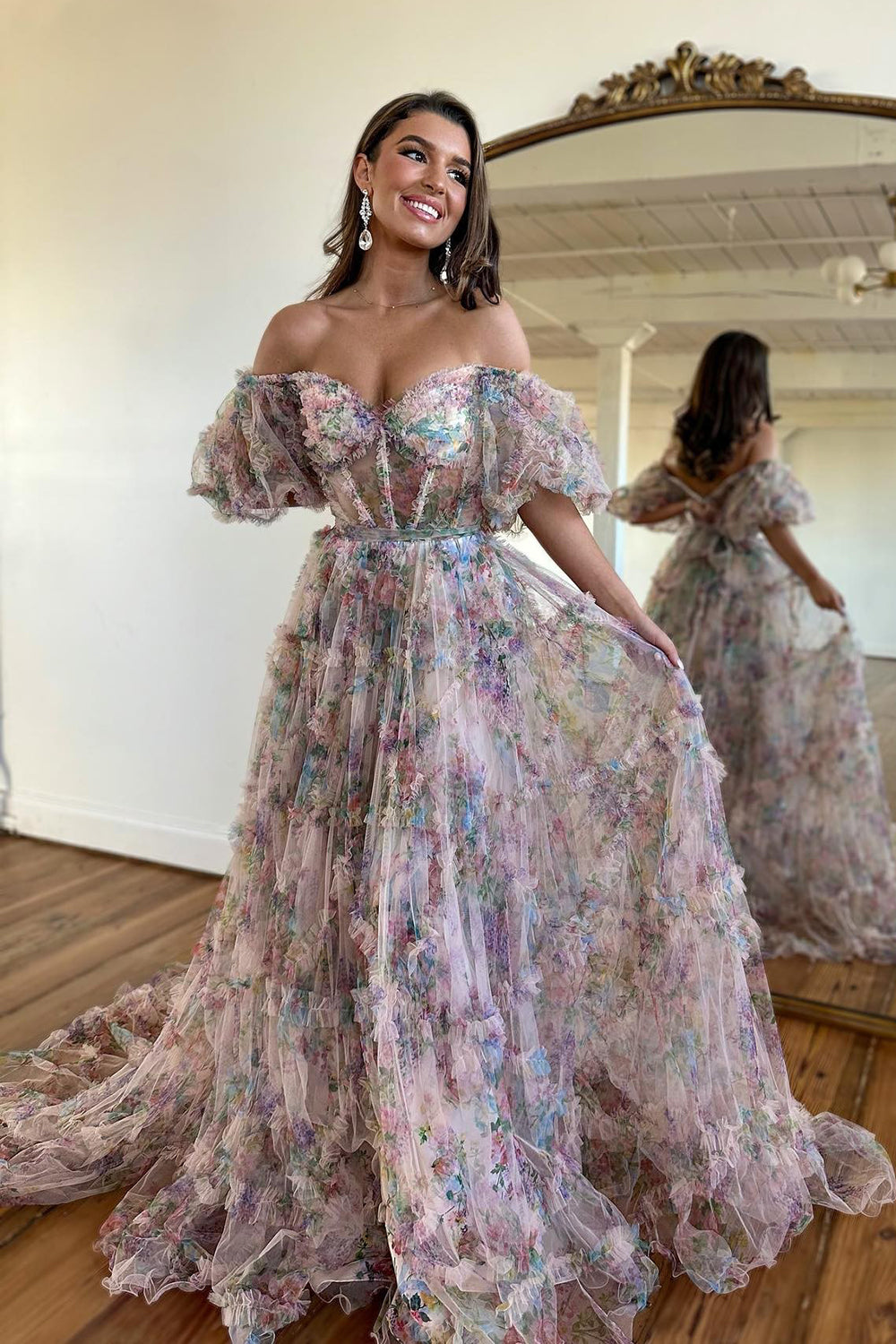 Pink Blue Flower Floral Off the Shoulder Long Prom Dress