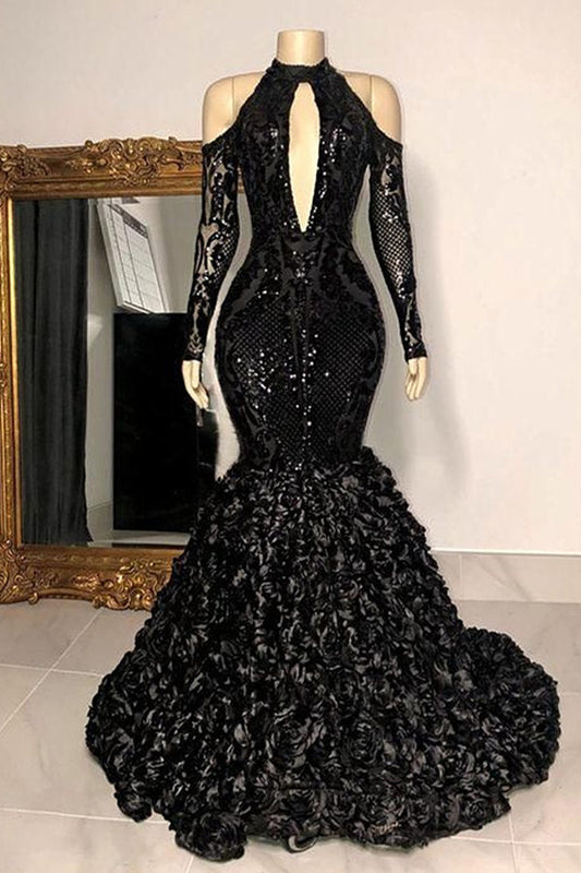 Black Keyhole Cool Shoulder Mermaid Flowers Prom Dress