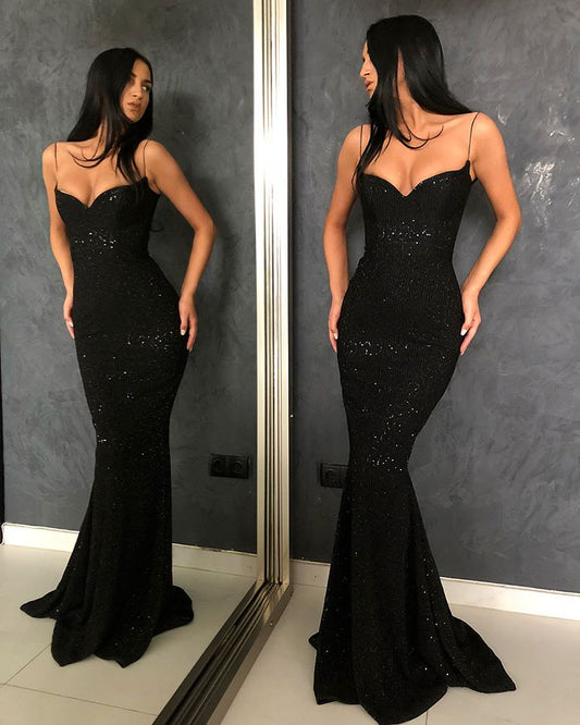 Black Sheath Spaghetti Straps Open Back Sequins Prom Dress