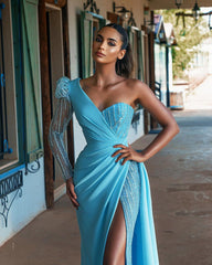 Blue One Shoulder Long Sleeve Prom Dress Mermaid Split With Sequins