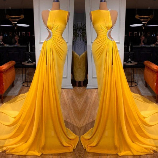 Bright Yellow Long Prom Dress Mermaid With Slit