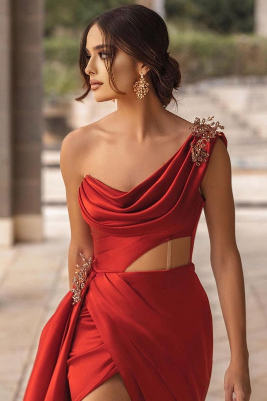 Burgundy One Shoulder High Split Long Prom Dress With Half Train