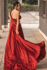 Burgundy One Shoulder High Split Long Prom Dress With Half Train