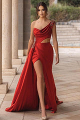 Burgundy One Shoulder High Split Long Prom Dress With Half Train