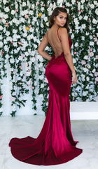 Burgundy Sleeveless Mermaid Backless Prom Dress Spaghetti Straps Lace Appliques Evening Gowns