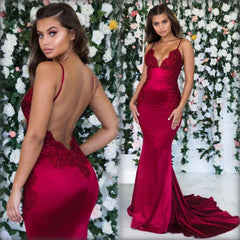 Burgundy Sleeveless Mermaid Backless Prom Dress Spaghetti Straps Lace Appliques Evening Gowns