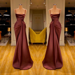 Burgundy Spaghetti Straps Mermaid Ruffles Prom Dress Long