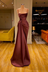 Burgundy Spaghetti Straps Mermaid Ruffles Prom Dress Long