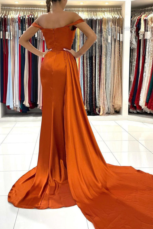 Burnt Orange Off The Shoulder Mermaid Prom Dress Long With Split