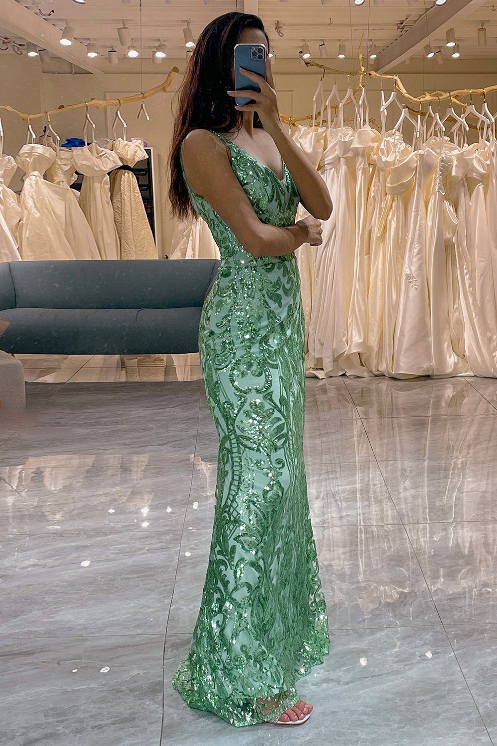 Glitter Green Mermaid Long Appliqued Prom Dress