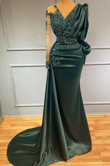 Dark Green V-Neck Long Sleeve Evening Dress with Beading and Lace Appliques