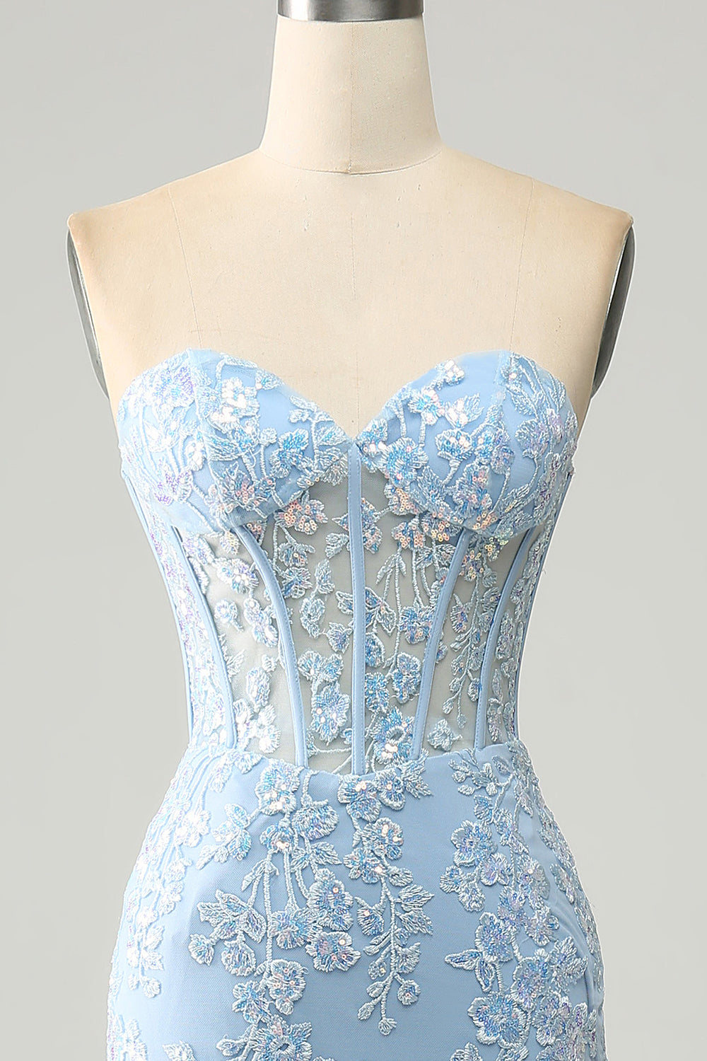 Light Blue Mermaid Sweetheart Long Corset Appliqued Prom Dress With Slit