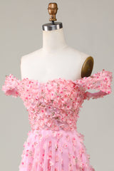 A-line Off The Shoulder Pink Long Prom Dress with 3D Flowers