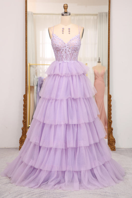 Elegant Lilac A Line Tiered Long Corset Prom Dress With Appliques