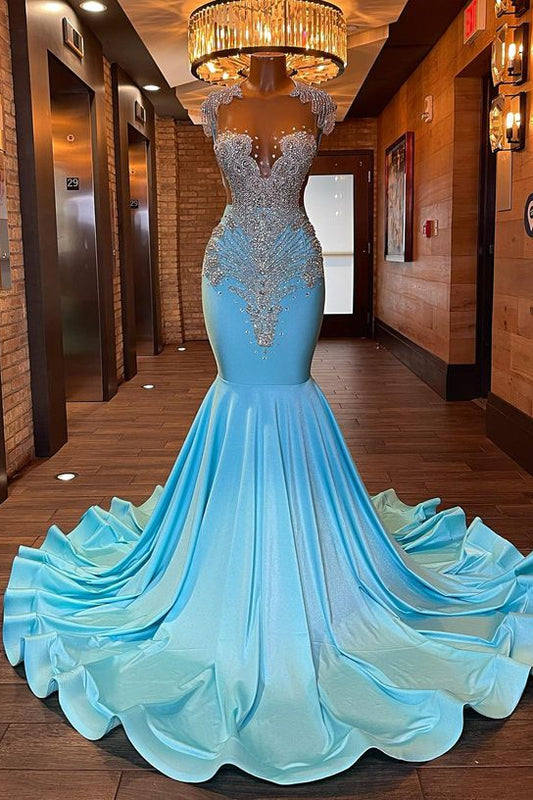 Blue Sleeveless Mermaid Evening Dress with Appliques and Rhinestones