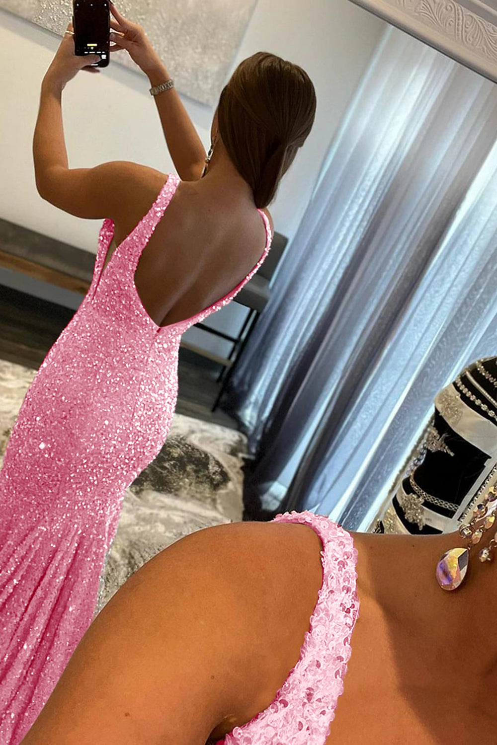 Pink Deep V Neck Mermaid Prom Dress