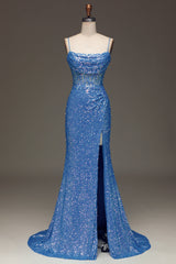 Glitter Blue Mermaid Long Prom Dress With Slit