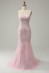 Pink Mermaid Long Prom Dress with Appliques