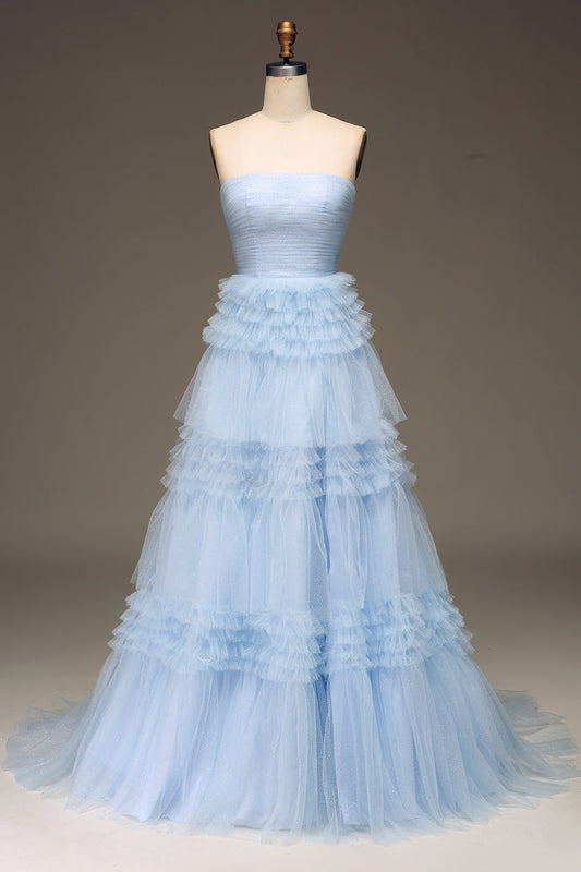 Light Blue A Line Long Tiered Prom Dress