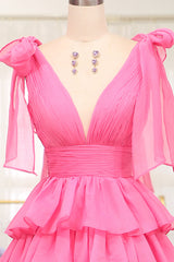 Fuchsia Tiered A-Line Sleeveless Prom Dress