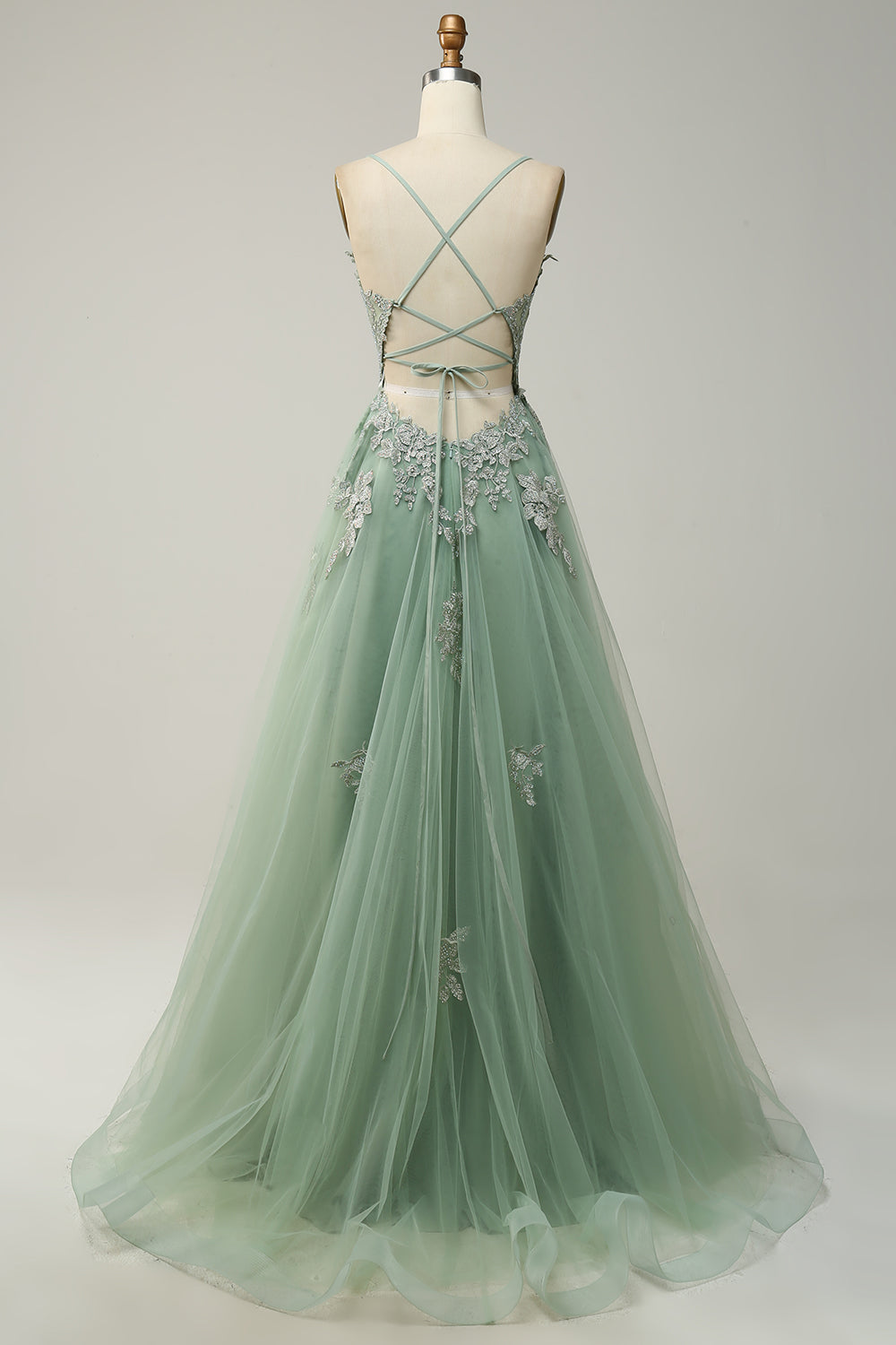 Dark Green A-Line Tulle Appliques Long Prom Dress with Slit