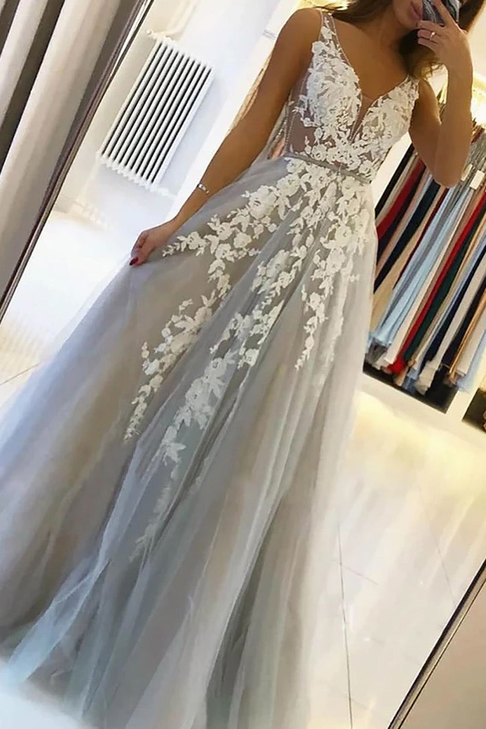 Graceful Grey Tulle A-Line V-Neck Wedding Dress with Appliques