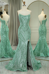 Sparkly Green Spaghetti Straps Mermaid Sequined Long Prom Dress With Slit