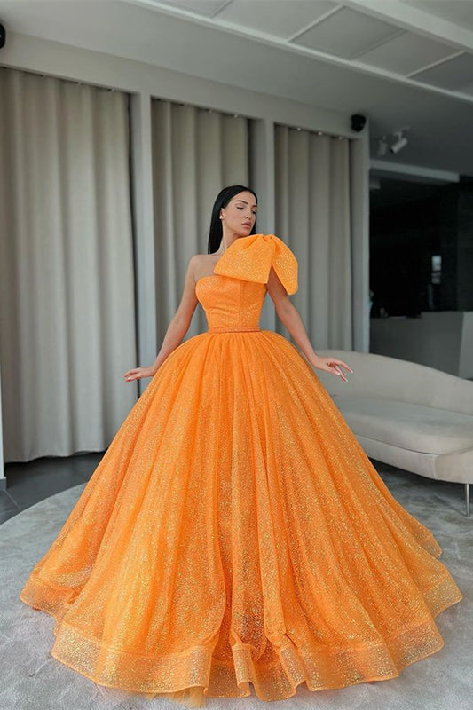 Orange One-Shoulder Ball Gown Evening Dress with Sequins