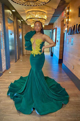 Dark Green One Shoulder Evening Dress with Sleeveless Appliques