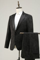 Elegant Dark Blue Peak Lapel Jacquard Men's Prom Suit