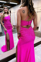 Sheath One Shoulder Fuchsia Long Prom Dress with Beading