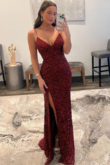 Sparkly Dark Red Sequins Long Prom Dress with Slit