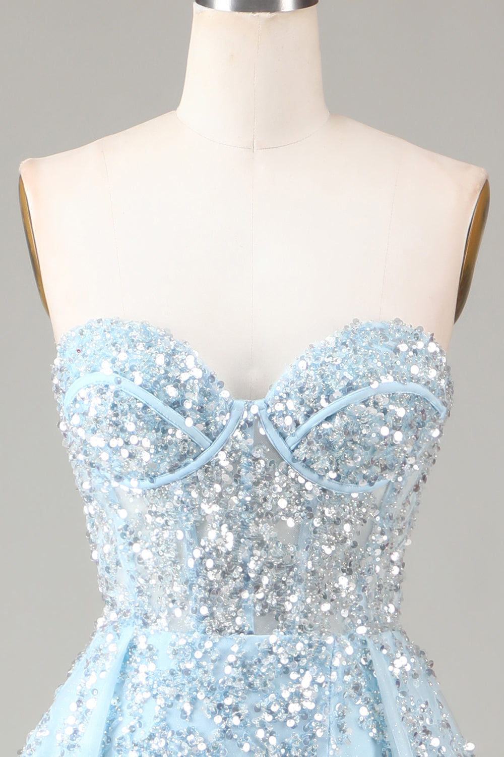 Light Blue Beaded Long Prom Dress With Slit