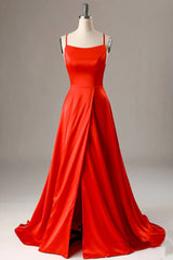 Red Spaghetti Straps Long Prom Dress with Slit