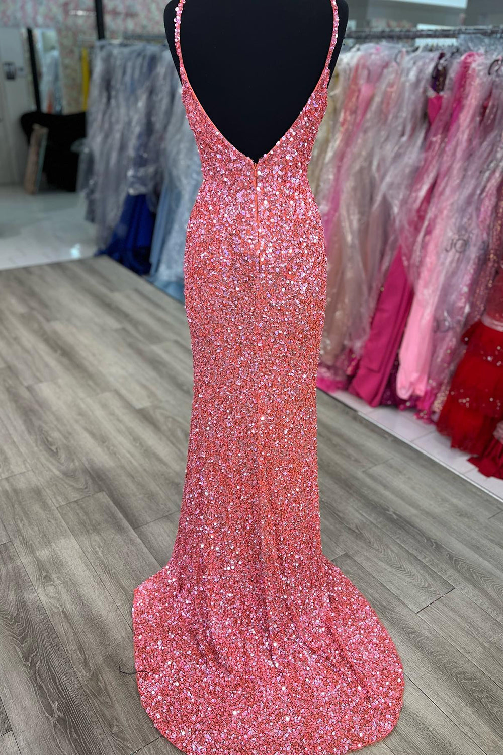 Mermaid V Neck Fuchsia Sequins Long Prom Dress