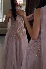 Stunning Pink Prom Dress Beaded Lace Appliqued Corset Tulle Evening Dress with Watteau Train