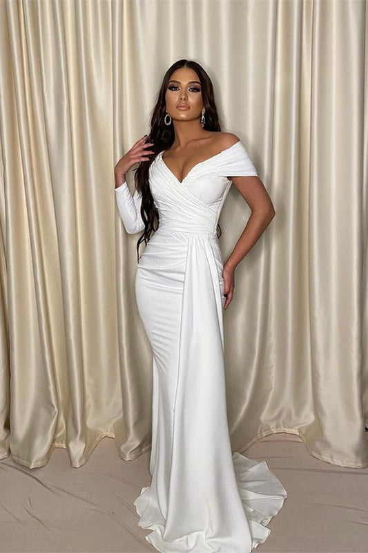 Chic White Evening Dress One-Shoulder Off-the-Shoulder with Pleats