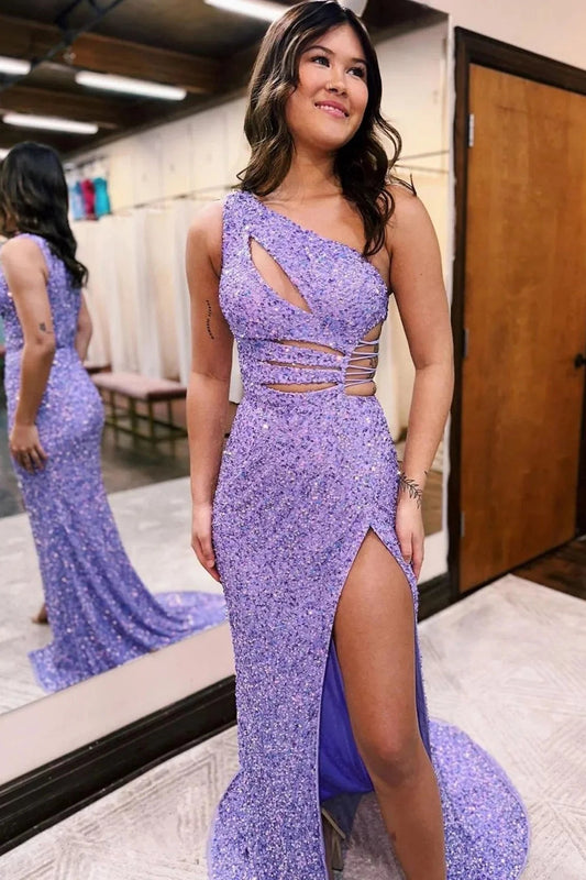 Sparkly Lilac Sequins Cut-Out Long Prom Dress