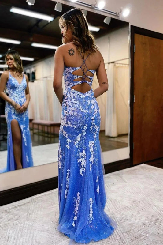 Glitter Blue Mermaid Lace Long Prom Dress with Slit