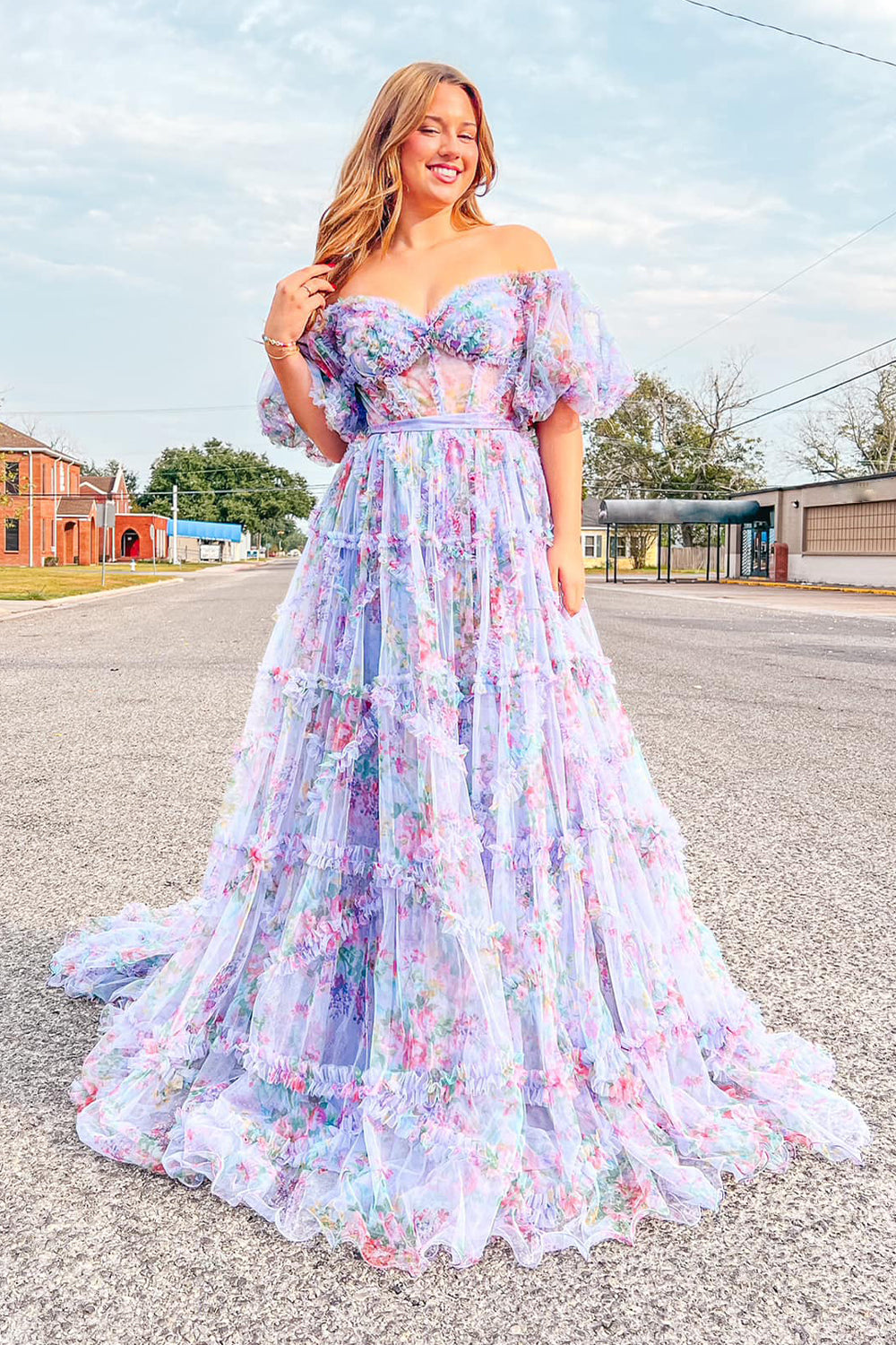 Pink Blue Flower Floral Off the Shoulder Long Prom Dress