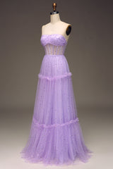 Sparkly Purple A Line Long Corset Sequined Prom Dress