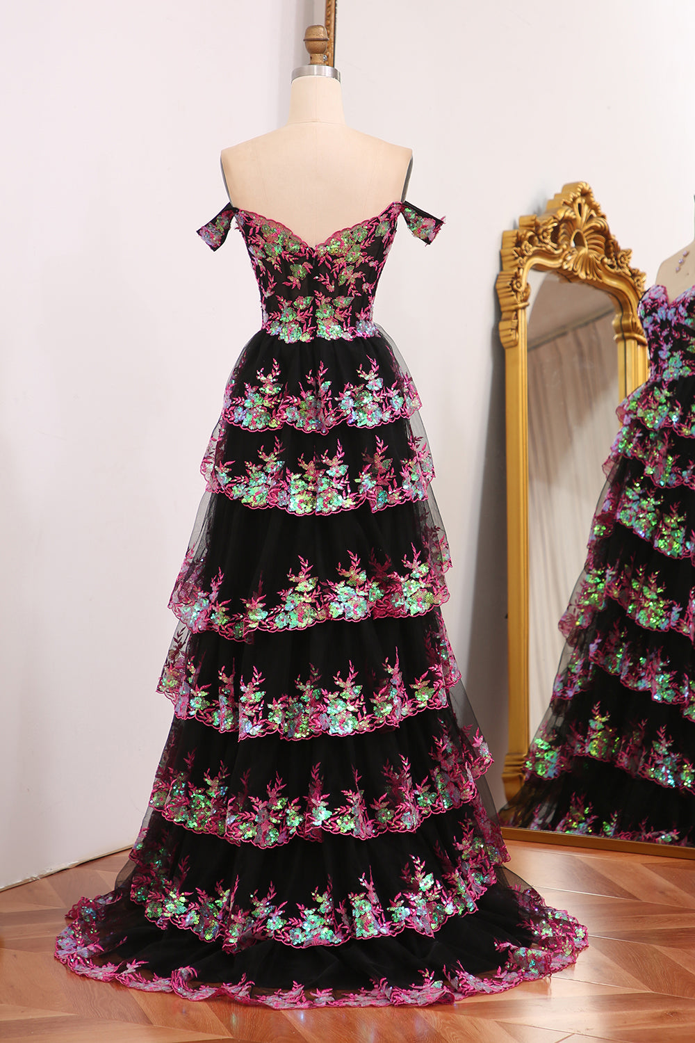 Sparkly Black Pink Tiered A-Line Long Prom Dress with Lace