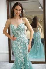 Light Green Mermaid Long Corset Prom Dress With Appliques