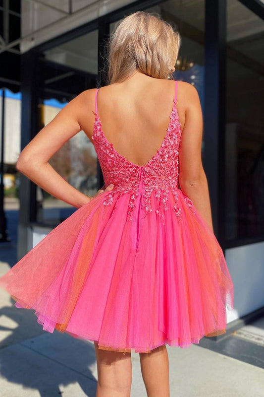 Fuchsia Orange Graduation Dress Tulle Spaghetti Straps Party Dress with Appliques