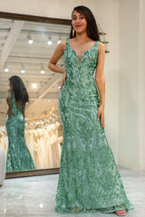 Sparkly Green Mermaid Long Sequined Prom Dress With Appliques