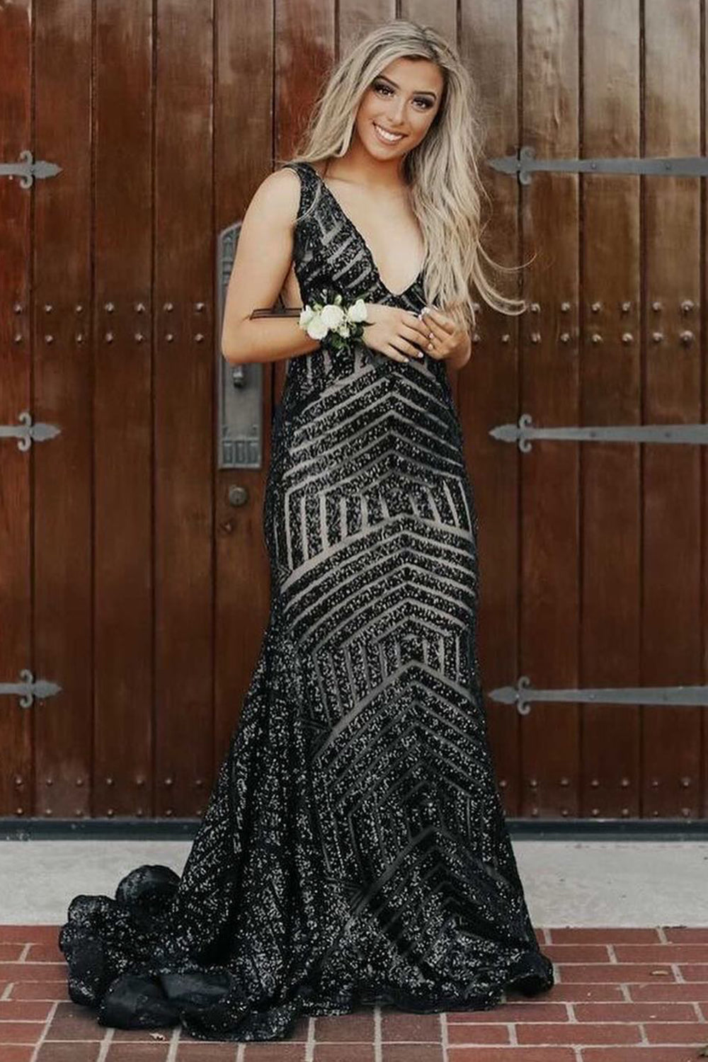 Dark Green Deep V Neck Sequin Mermaid Prom Dress