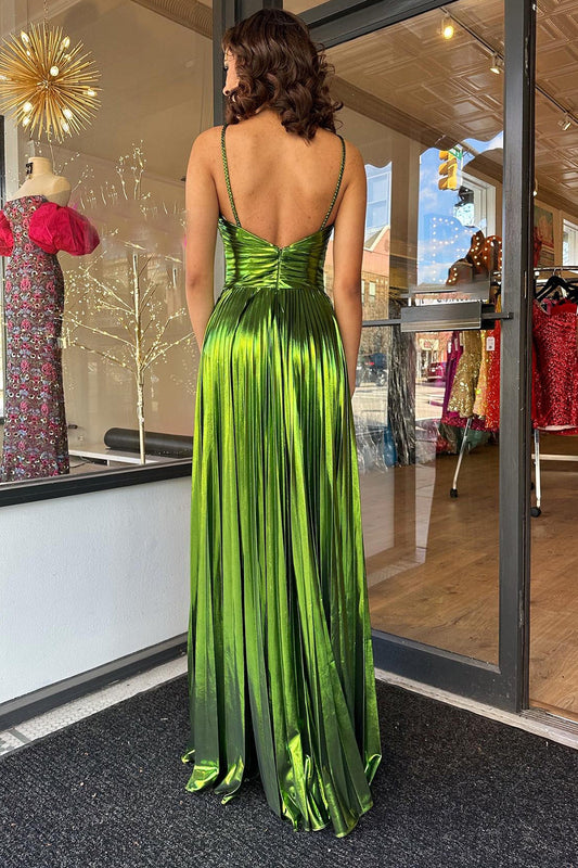 Glitter Green A Line Backless Long Prom Dress With Slit