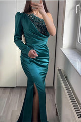 One-Shoulder Long Sleeve Mermaid Evening Dress with Beading Split