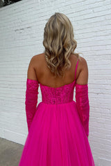 Hot Pink Detachable Long Sleeves A-Line Tulle Long Prom Dress with Lace